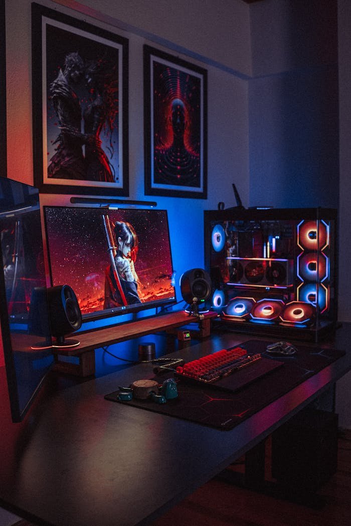 A vibrant RGB gaming setup featuring dual monitors, a custom PC, and backlit keyboard in a dimly lit room.